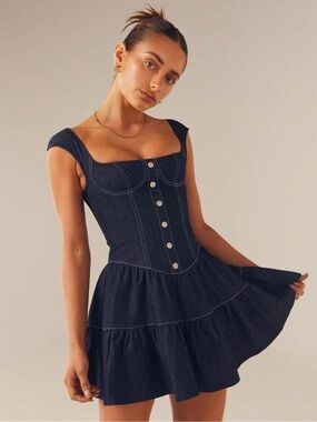 Peppermayo Dark Indigo Denim Corset Tiered Mini Dress size Medium